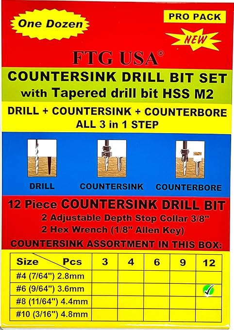 FTG USA 12 Pc #6 (9/64") Countersink Drill Bit Set for Wood with Tapered Drill Bit