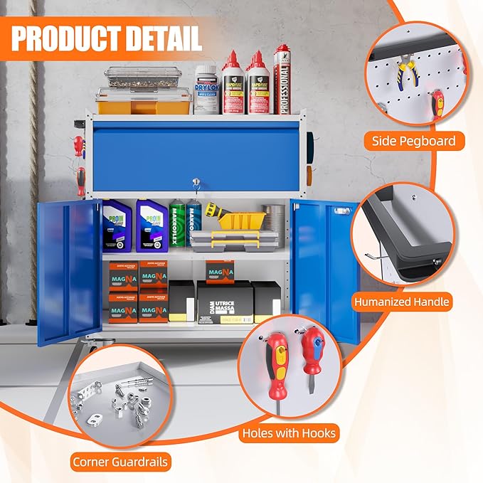 Aobabo Metal Cabinet with Wheels, Metal Garage Cabinet with 1 Drawer and 4 Hooks, Small Rolling Tool Storage with Pegboard and Handle, Assembly Required, Blue Grey