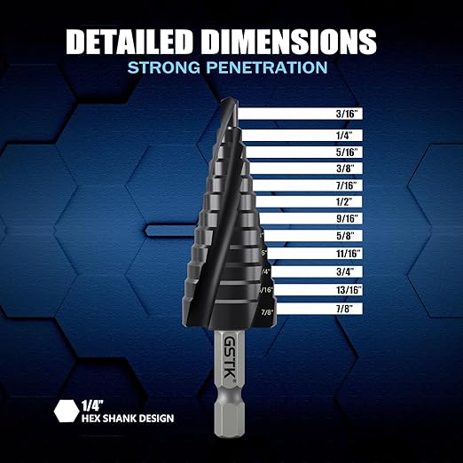 GSTK Pro Max 3/16"-7/8" Four Spiral Flute Cobalt Step Drill Bit Set, Impact Ready, for Metal, Stainless Steel, Aluminum, Wood, Plastic with 1/4" Hex Shank