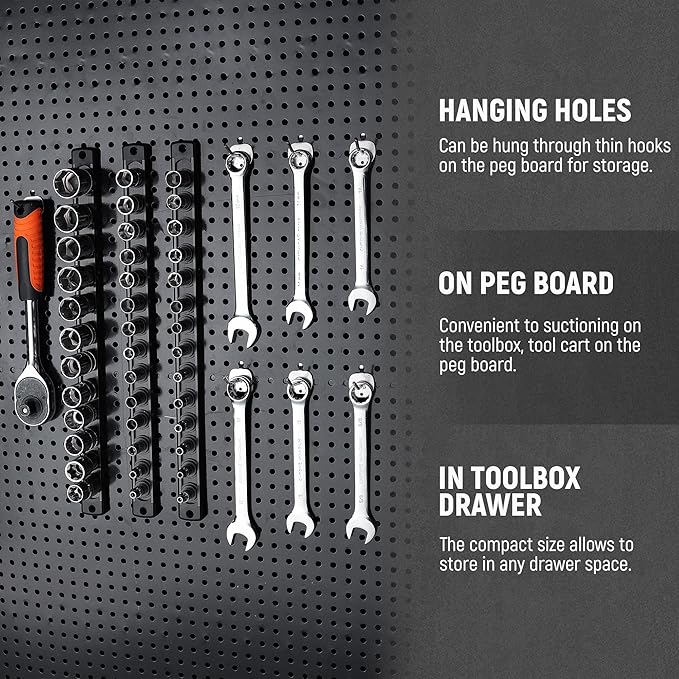 ALOANES Magnetic Socket Organizer, 1/2-Inch Drive Aluminum Socket Holder Socket Tray, Heavy Duty Socket Rail Organizer for Tool Box Drawer, 360°Swivel Clips Socket Rack 1/2-Inch x 12 Clips (Black)