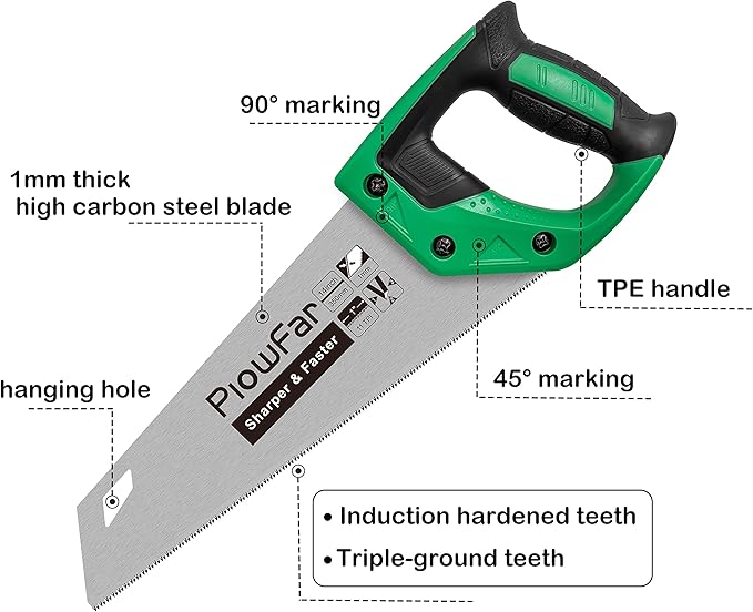 14 inch Hand Saw 11TPI Pro Fine Cut for Wood, Plastic Pipes, Drywall, Trees Trimming & Pruning, Sharp for Woodworking, Green