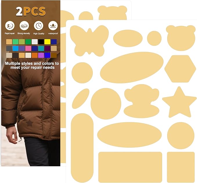 Azobur Down Jacket Repair Patches-Waterproof, Self-Adhesive,Nylon Fabric Patches for Puffy Jackets, Rain and Snow Gear, Tents, Sleeping Bag and More(Khaki，2pcs)