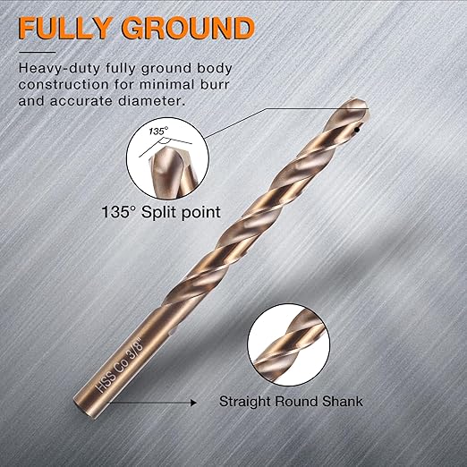 21Pcs Cobalt Drill Bit Set (1/16"-3/8"), M35 High Speed Steel, Twist Jobber Length for Hardened Metal, Stainless Steel, Cast Iron, Wood, and Plastics, with Metal Index Storage Box