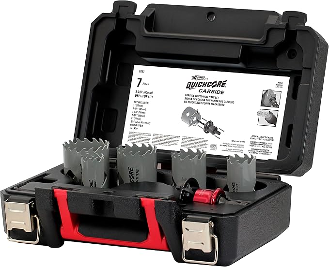 Disston QUICKCORE 7pc Carbide Tipped Hole Saw Set (1", 1 1/4", 1 1/2", 1 3/4", 2", Arbor & Pilot Bit) 10X Faster CORE Ejection Quick Change E0100297