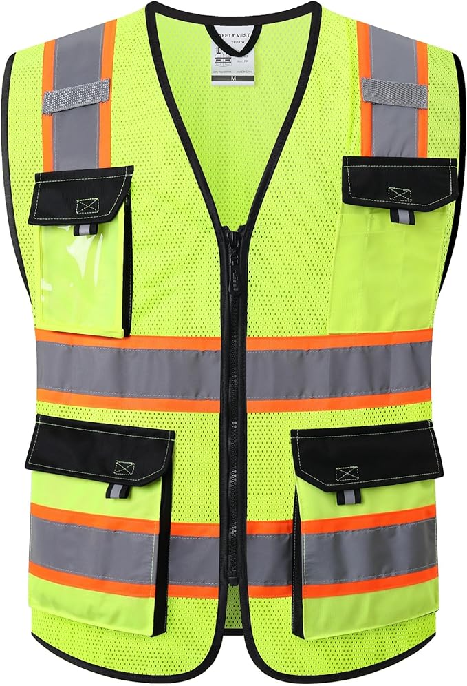 JKSafety Hi Vis Reflective Safety Vests for Men Women High Visibility Vest with Pockets Mesh Fabric Construction Safety Apparel Neon Vest for Work (220-Yellow 5XL)