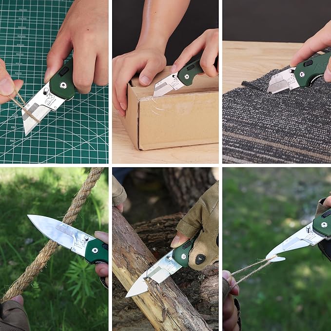 FLISSA Folding Utility Knife, 3-in-1 EDC Knife with Drop Point, Gut Hook & Replaceable Blades, Quick Change, Liner Lock, G10 Handle, Belt Clip for Outdoor & Everyday Use, Includes 16 Blades