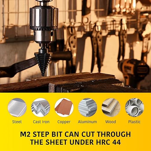 10 Sizes Step Drill Bit for Metal Sheet, 1/4 to 1-3/8 Inches High Speed Steel Drill Cone Bits for Hole Drilling Cutting, HSS Multi Size Hole Stepped Up Unibit