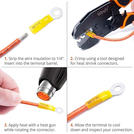 Wirefy Heat Shrink Ring Terminals #6 - Marine Grade Terminal Connectors - Waterproof Eyelet Wire Connectors - Red 10-12 AWG - 90 PCS