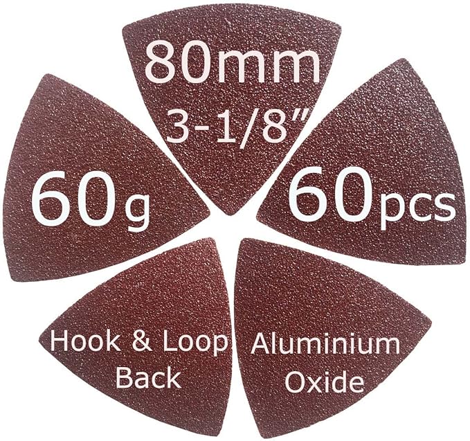 XXGO 3-1/8" 80mm 60 Pcs 60 Grits Triangular Hook & Loop Abrasive Multi Tool Sandpaper for Wood Sanding Fit 3-1/8 Inch Oscillating Multi Tool Sanding Pads XG802060