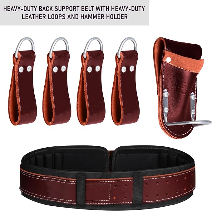 FUERI Tool Belt Men Heavy Duty 26 Pocket Tools Bags Pouches Holder Organizer for Carpenter Construction Electrician Framer Nylon Leather (Maroon & Green Tool Belt Suspender, Extra Large 42" - 48")