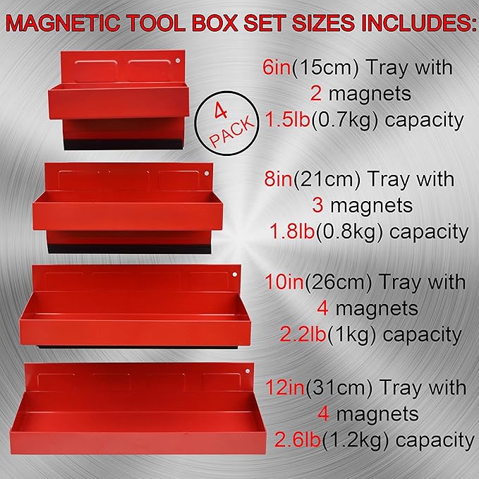 Magnetic Shelf 4-Pcs Set - Red Tool Trays - Metal Tool Box With Strong Magnets - Storage for Toolbox - Tool Box Accessories for Van Workshop