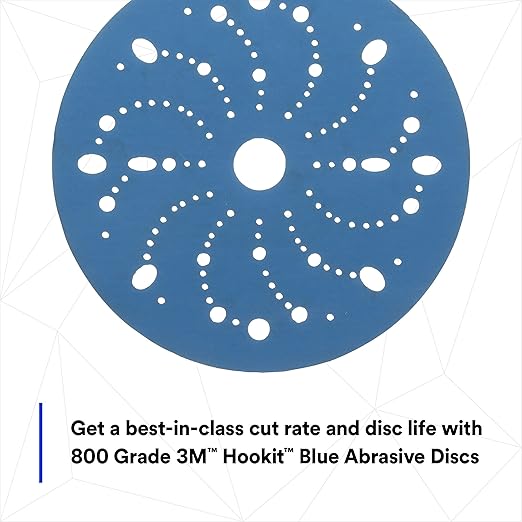 3M Hookit Blue Abrasive Discs 36184, Multi-Hole, 6 in, 800+ Grade, Pack of 50, Virtually Dust-Free, for Auto Sanding, Body Repair, Featheredging, Primer Sanding, Paint Preparation, E-Coat Sanding
