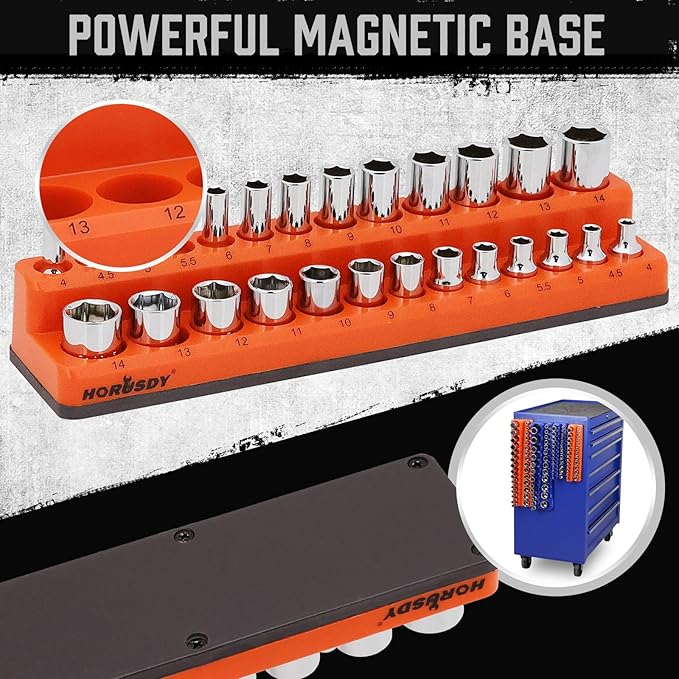 HORUSDY 4-Piece Magnetic Socket Organizer Set, Holds 1/4" & 3/8" SAE & Metric Standard/Deep Sockets, Strong Rubberized Magnetic Base, Durable Plastic Socket Holder for Toolbox & Workbench