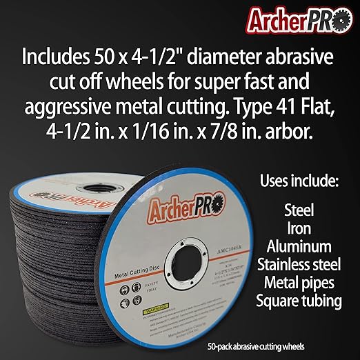50 Pack 4.5” Abrasive Cut-Off Wheels for Metal Cutting. 4 ½ inch Cut Off Tool for Steel and Iron. Abrasive Metal Cutting Discs for Angle Grinder (50 Count 4-1/2” x 1/16” x 7/8”)