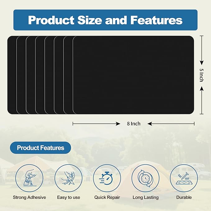 KING MOUNTAIN Self Adhesive Nylon Fabric Repair Patch, 5×8 Inches 8 Pcs, Quick Down Jacket Repair Patch, Waterproof Outdoor Gear Patch Kit for Tent,Backpacks,Umbrella, Gloves, Sleeping Bag (Black