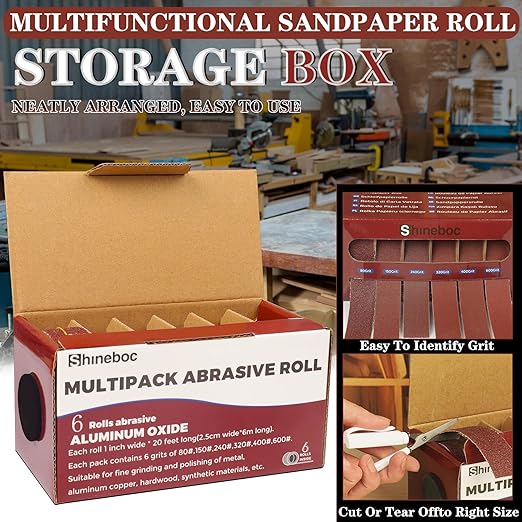 Emery Cloth Roll, 1" x 20 Feet Continuous Sandpaper Roll, 80/150/240/320/400/600 Grit Sand Paper Assortment Pack for Wood Metal Sanding and Polishing