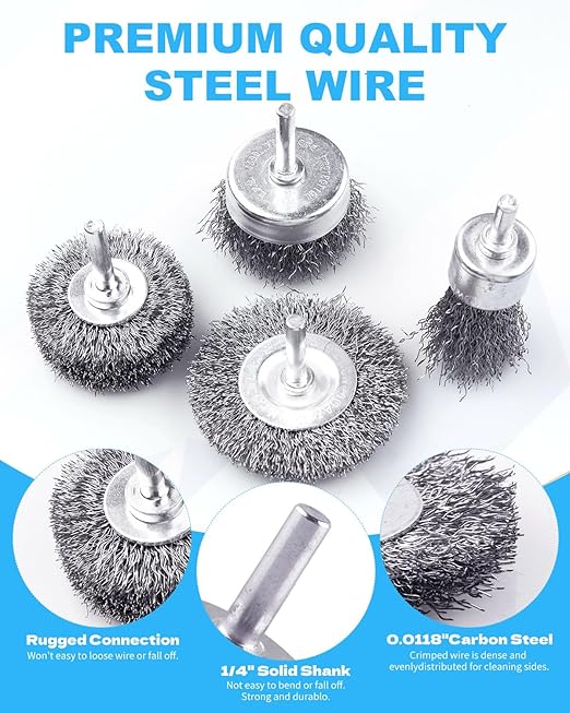 Rocaris 42 Pack Carbon Steel Wire Wheel, Cup, Pen Brush Set with 1/4-Inch Round Shank for Rust Removal, Corrosion and Scrub Surfaces