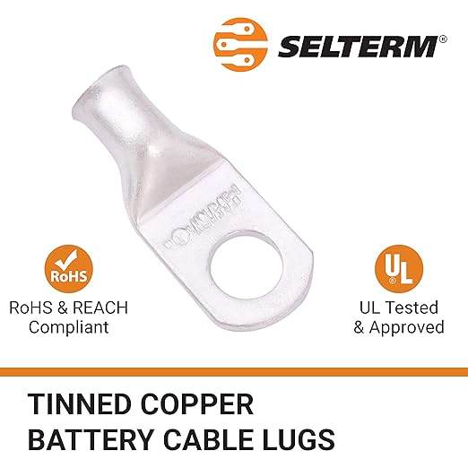 SELTERM 10pcs 6 AWG-5/16 Stud (Wide Pad) Tinned Copper Wire Lugs, Heavy Duty Battery Cable Ends,6 Gauge Ring Terminals, UL Battery Lugs Marine Grade Copper Eyelets Battery Terminal Connectors