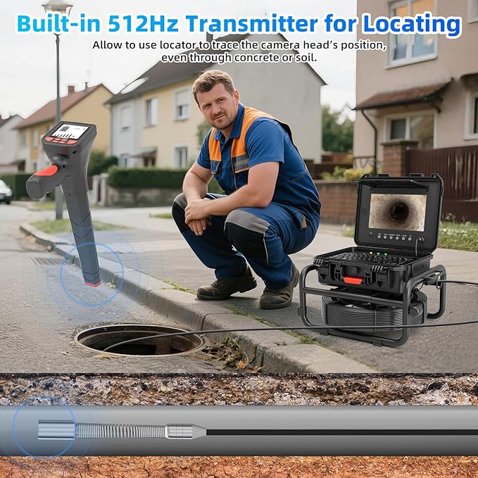 Sanyipace Sewer Camera Self-Leveling 100FT/30M, Drain Camera with 512Hz Transmitter, Meter Counter, Pipe Inspection Cámara with Microphone Speaker DVR Recorder, 32GB TF Card, Guide Wheel (7mm Cable)