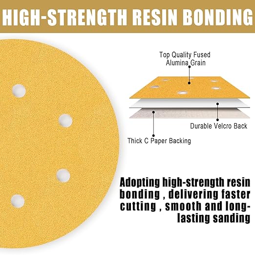 6 Inch - 6 Hole Hook and Loop Sanding Discs 150 Grit, Random Orbital Sandpaper for Automotive and Woodworking - 100 Pack