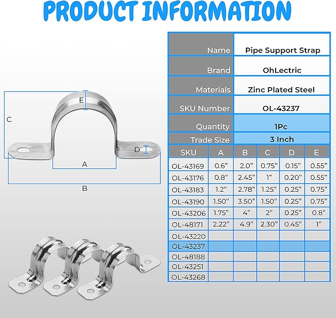 OhLectric Two Hole Rigid Pipe Strap - Sturdy Steel Strap Clamps - Zinc Plated Steel - Reinforced Rib - Corrosion Resistant - Easy to Install - 3 Inches - OL-43237