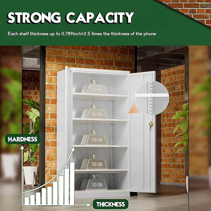 Greenvelly Metal Garage Storage Cabinet with 2 Doors & Adjustable Shelves, 72" Lockable Steel Tool Cabinet - White - (36" W x 18" D)