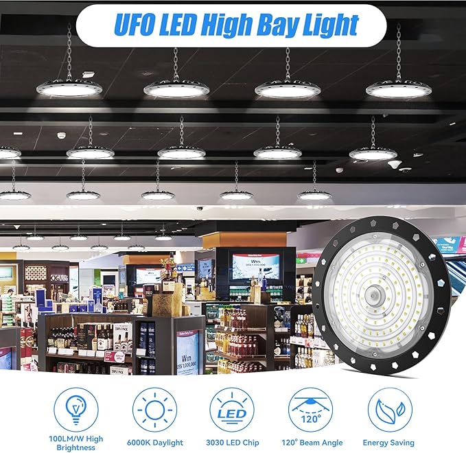 loyal UFO High Bay Commercial Shop Light: 6000K Industrial Lighting - for Warehouse Workshop Garage Factory with US Plug 1.2 Meter Cable