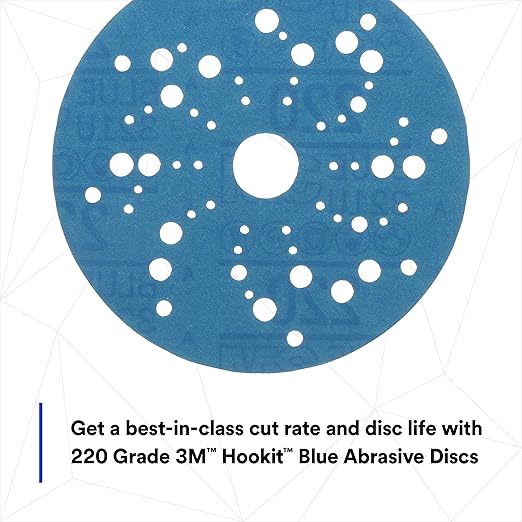 3M Hookit Blue Abrasive Discs 36162, Multi-Hole, 5 in, 220+ Grade, Pack of 50, Virtually Dust-Free, for Auto Sanding, Body Repair, Featheredging, Primer Sanding, Paint Preparation, E-Coat Sanding