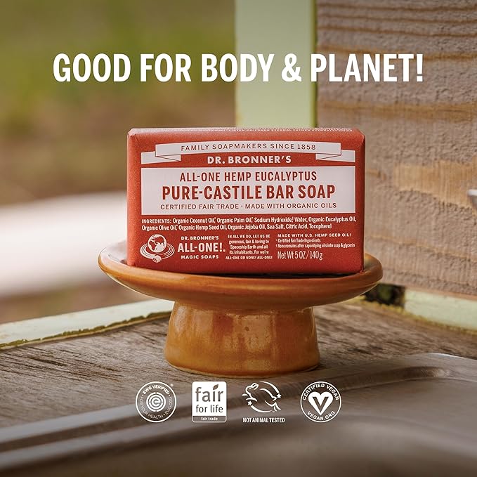 Dr. Bronner's Pure-Castile Magic Bar Soaps - Made with Regenerative Organic Certified Oils - For Face, Body, Hair- Vegan Soap Bars for Men & Women - Eucalyptus 2 pack, 5 oz