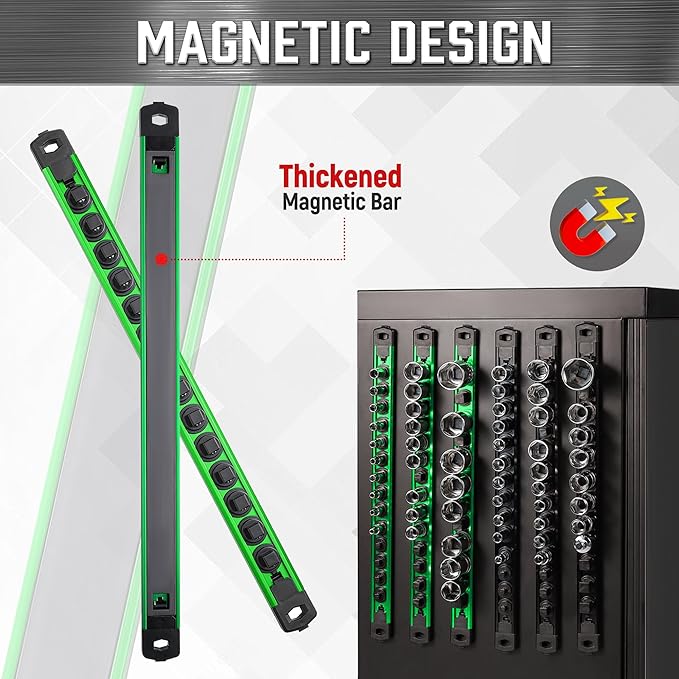 ALOANES 3-Piece Magnetic Socket Organizer, Heavy Duty Aluminum Socket Rails Organizer, 360° Swivel Clips Socket Holder Kit for Tool Box, 3/8-Inch Socket Holder x 42 Clips (Green)