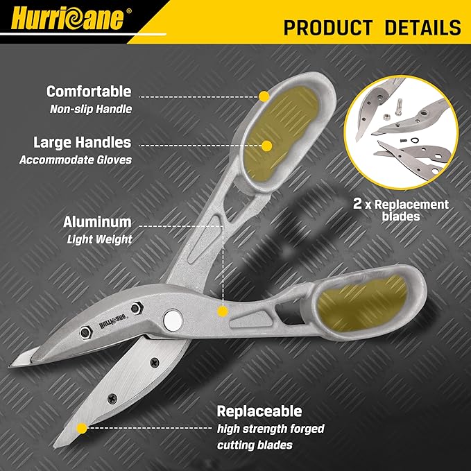 HURRICANE 12 inch Aluminum Metal Cutter with Replaceable Blades, Heavy-Duty Straight Cut Aluminum Snips, Large Handle Metal Shears for Cutting Tin, Copper, Vinyl, Steel, and Stainless Steel