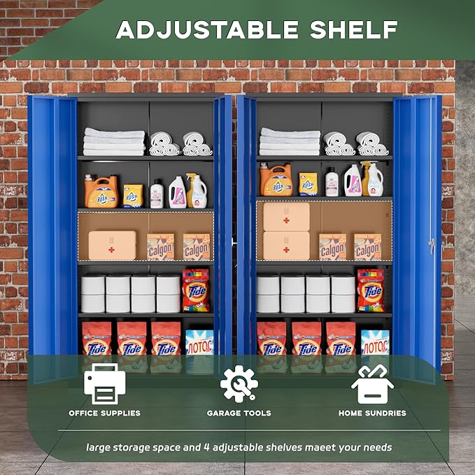 Greenvelly Metal Garage Storage Cabinet, 72" Black Blue Tool Steel Locking Cabinet with Doors and 4 Shelves, Tall Cabinets for Garage Storage Systems Lockable File Cabinet for Home Office,Garage