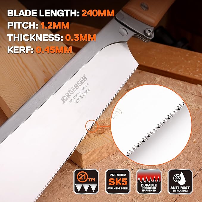 JORGENSEN Japanese Pull Saw, 9.5 Inch Pro Folding Dovetail Saw with Beech Wood Long handle, SK5 Steel Blade Tool-less Quick Change, 21TPI Cross Cut Woodworking Handsaw for Hardwood, Softwood