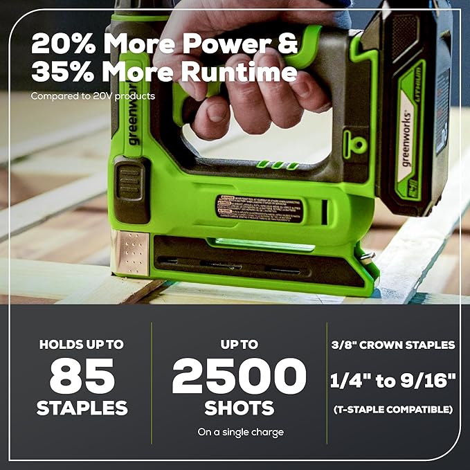 Greenworks 24V Cordless 3/8 in Crown T50 Stapler with 2Ah Battery and 2A Charger