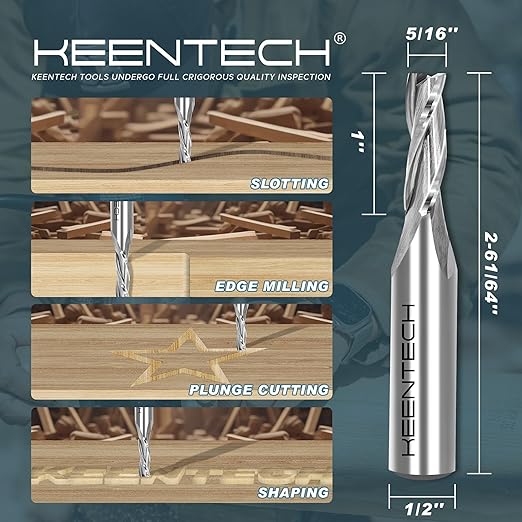 KEENTECH 1/2" Shank Upcut 3 Flute Flat Tip Sprial Router Bit for CNC Router Machine, 5/16" Cutting Diameter, 1" Cutting Depth, for Wood Cutting, Custom Furniture, Slot Mortise, Engraving, Carving