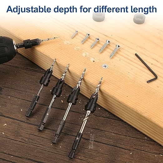 COMOWARE Countersink Drill Bits Set- 5Pcs M2 Counter Sink Bit for Wood High Speed Steel, 4#6#8#10#12, Woodworking Carpentry Reamer with 1 Free Hex Key Wrench