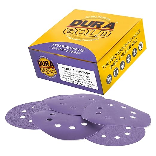 Dura-Gold Premium 5" Purple Film Ceramic Sanding Discs, 8-Hole Pattern, 50 Disc Variety Pack, Grits 60, 80, 120, 180, 220, 320, 400, 600, 800, 1000 - Hook & Loop Sandpaper, DA & Random Orbital Sander