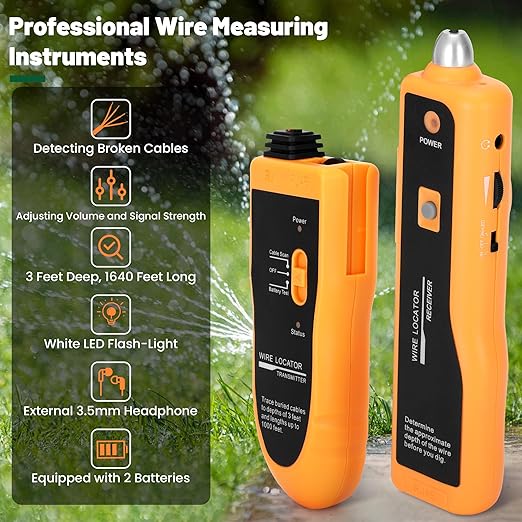Underground Wire Locator, Up to 3 Feet Deep and 1,640 Feet Long, Wire Detector with Headset and Battery, Underground Wire Breaker Locator for Pet Fence, Underground Irrigation and Power Line