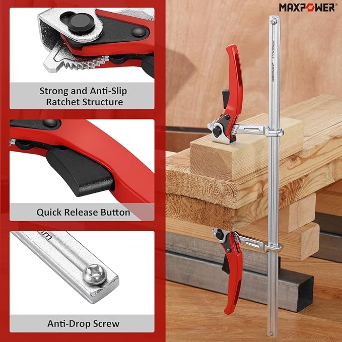 MAXPOWER Ratcheting Table Clamp, 15 3/4" Double Force Bar Clamp, Multifunctional F Clamp for Welding, Woodworking, Metal Working and DIY, Max Clamping Force 705 LBS