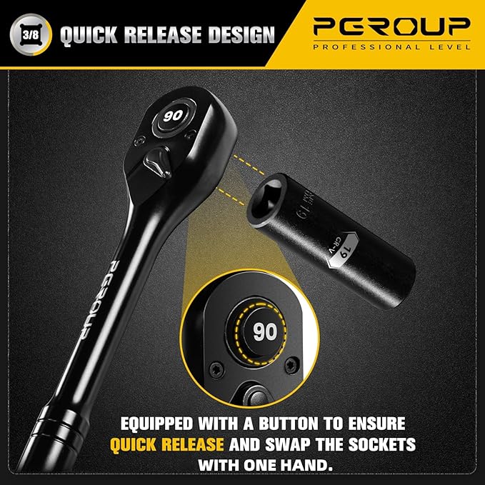 3/8-Inch Drive Ratchet Wrench, 90 Tooth Reversible Ratchet, 4-Degree Swing, Ergonomic Handle, Chrome Alloy Made, Quick Release Ratchet Wrench for Repairing, Home, DIY