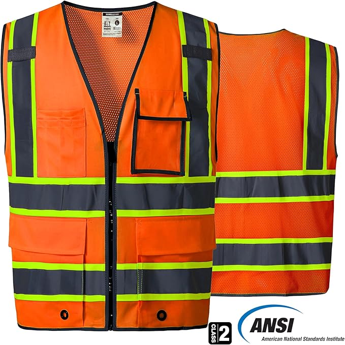 SKSAFETY 10 Pockets Safety Vest, Class 2 High Visibility Security with Zipper Back Mesh, Hi Vis Vest with Reflective Strips, ANSI/ISEA Standard, Construction Work Vest for Men ＆ Women （Orange, 5XL）