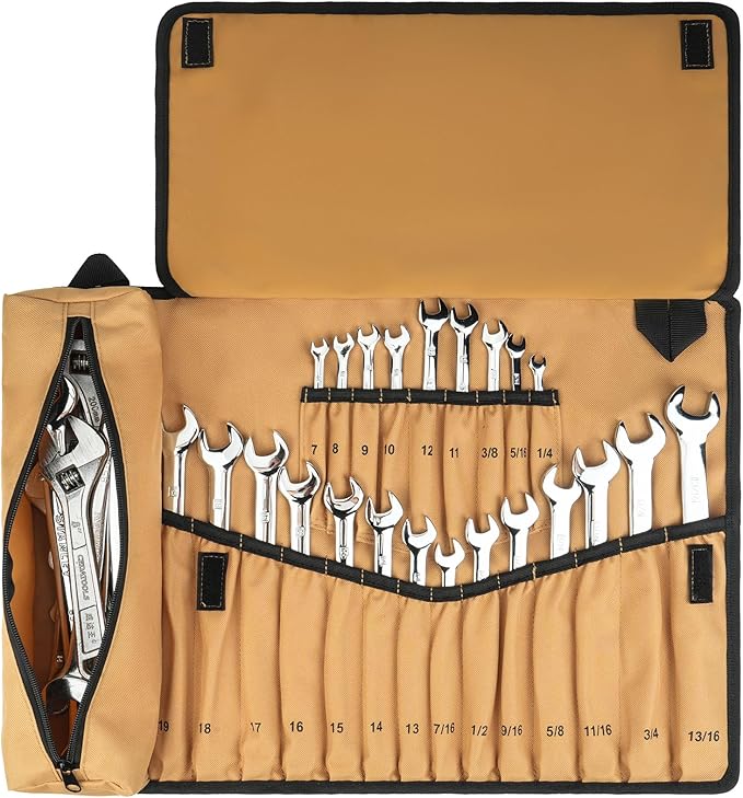 Wrench Roll Organizer (NOT for Ratcheting Wrench),Wrench Roll Up Pouch with 23+1 Pockets,Heavy Duty Tool Roll for Metric & SAE Wrenches,Large Wrench Holder Organizer Bag for Men,Mechanics(Brown)