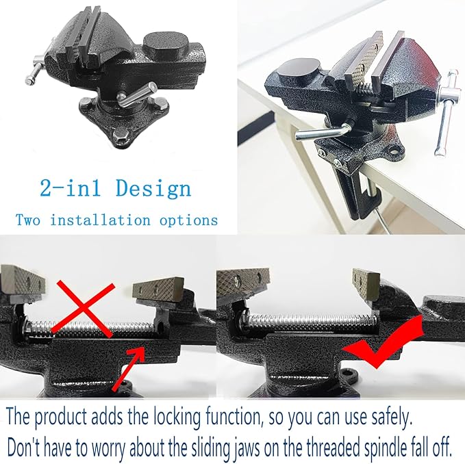 2-in-1 Dual-Purpose Combined Bench Vise or Table Vise, With end-point locking device，Portable Universal Rotate 360° Work Clamp-On Vise, 3.2" Black