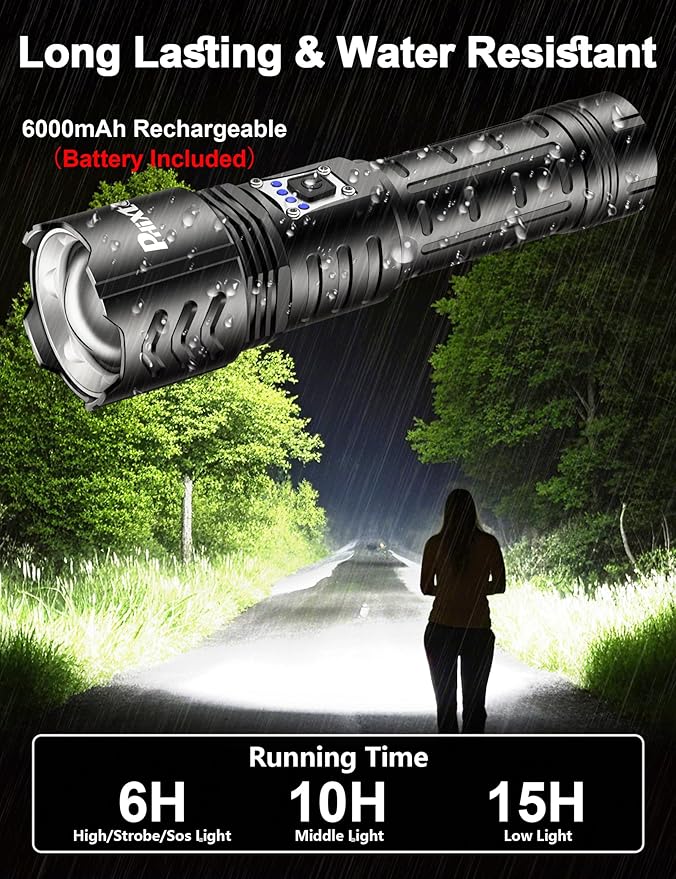 PHIXTON Rechargeable Flashlights High Lumens 2000 Super Bright Long Range 3280FT, Long Lasting 15H Powerful USB C LED Strong Flash Light High Powered, Heavy Duty, Zoomable, for Home Camping Gift