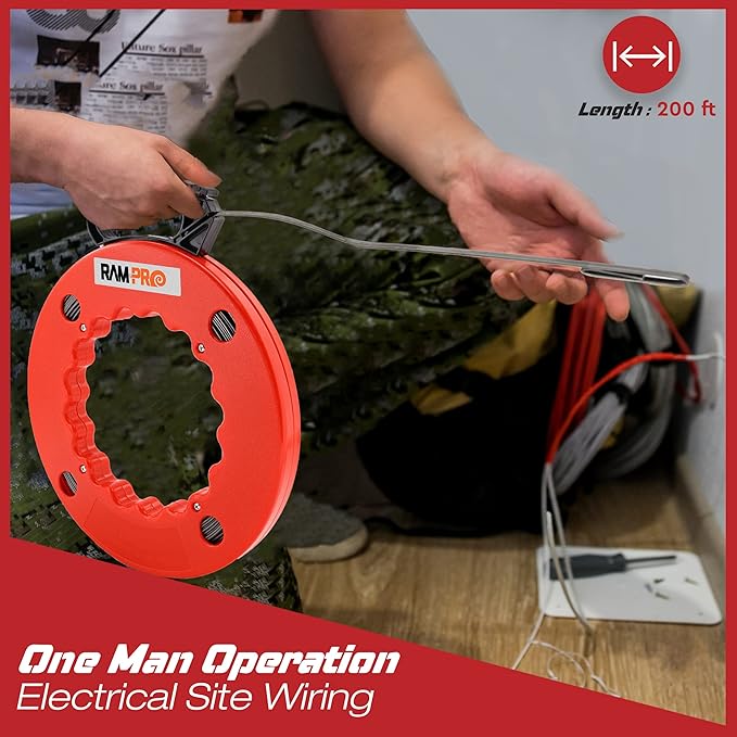 Fish Tape Wire Puller 50ft - Easy to use Cable Puller Tool with Double Loop Tip - Flexible Wire Fishing Tools for Walls and Electrical Conduit - 1/8 Steel Fish Tape Durable Housing - RamPro