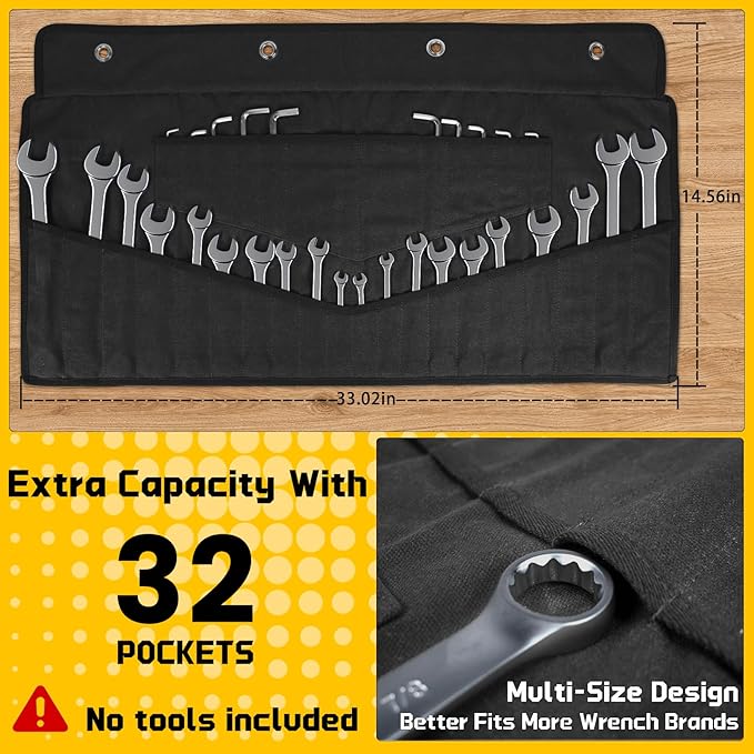 Wrench Roll 32 Pockets, Heavy-Duty 16 oz. Waxed Canvas Wrench Roll Up Bag Holds Wrench Wrap for Metric and SAE Wrenches, Wrench Pouch with Buckles and Handle, Sturdy Wrench Tool roll (Black)