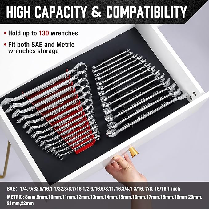 ALOANES 130-Slot Metal Wrench Organizer, Heavy Duty Wrench Organizer Tray for Tool Box, Fit SAE & Metric Wrench Storage, 10 Pack Wrench Holders(Red)
