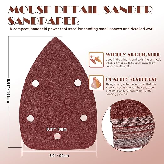 50pcs Mouse Sander Sandpaper Assortment Kit, 5 Hole Detail Sander Sandpaper Palm Sander Paper Mouse Sanding Pads Hook and Loop Sanding Sheets - 120/240 Grit
