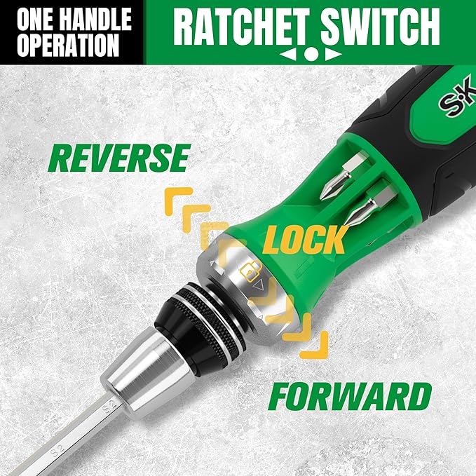 SK 22-in-1 Ratcheting Screwdriver with Nut Drivers, 216-P Multi-bit Screwdriver, Phillips, Slotted, Star, Square Bits Stored in Handle, Organized in Storage Toolbox
