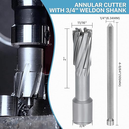 KEENTECH Carbide-Tipped Annular Cutter, 11/16" Diameter x 2" Depth, 3/4" Weldon Shank (2 Flat), High Speed Cutting TCT Mag Drill Bit with Pilot Pin for Harder Material, Stainless Steel, Cast Iron